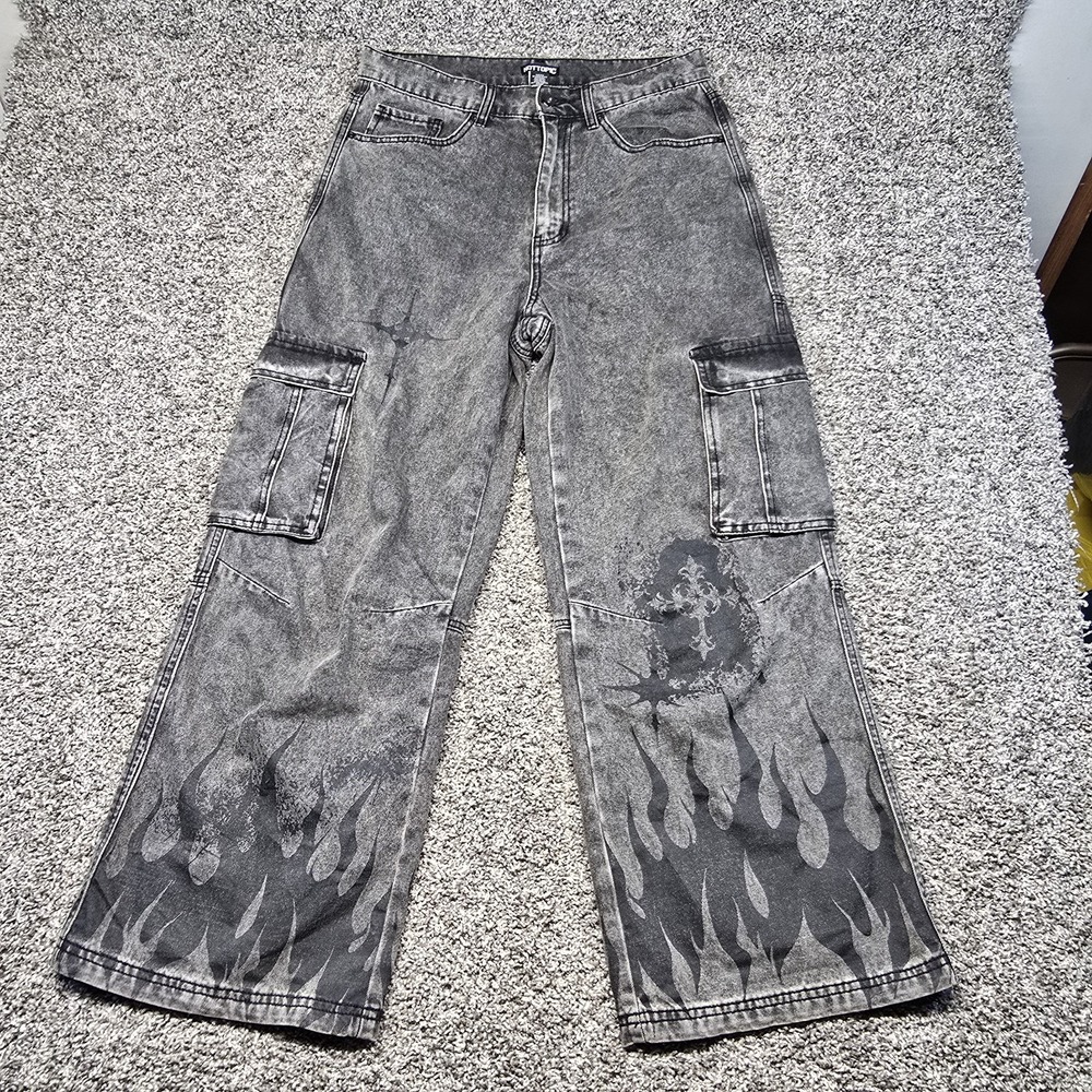 Hot Topic Grey Flames & Gothic Crosses Wide Leg Cargo Jeans Men Size 32x30